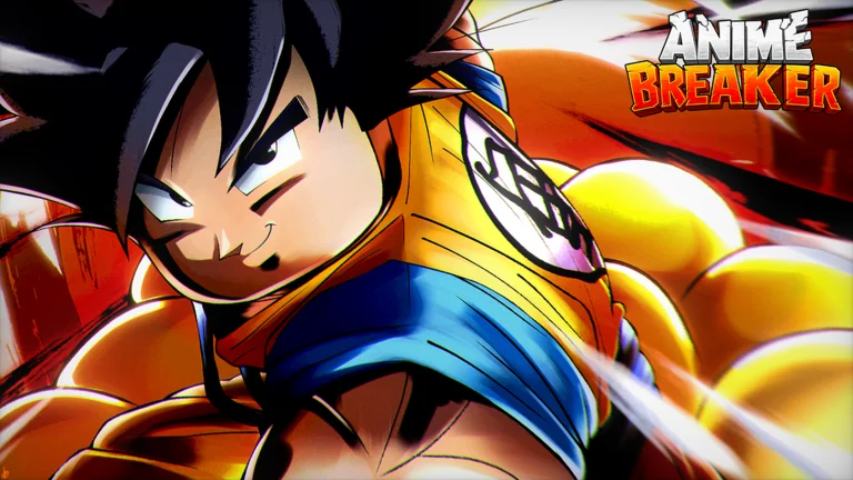 An anime martial artist surges forward in a bright orange-and-blue combat pose.