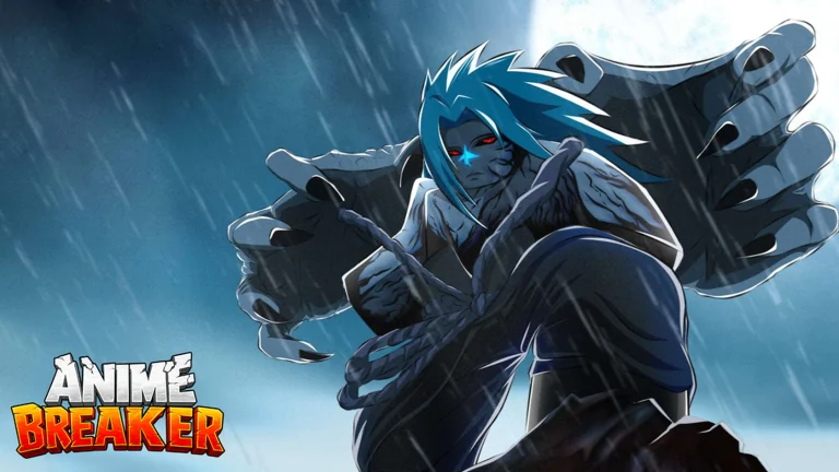 A blue-haired anime fighter crouches in the rain beneath looming spectral hands.